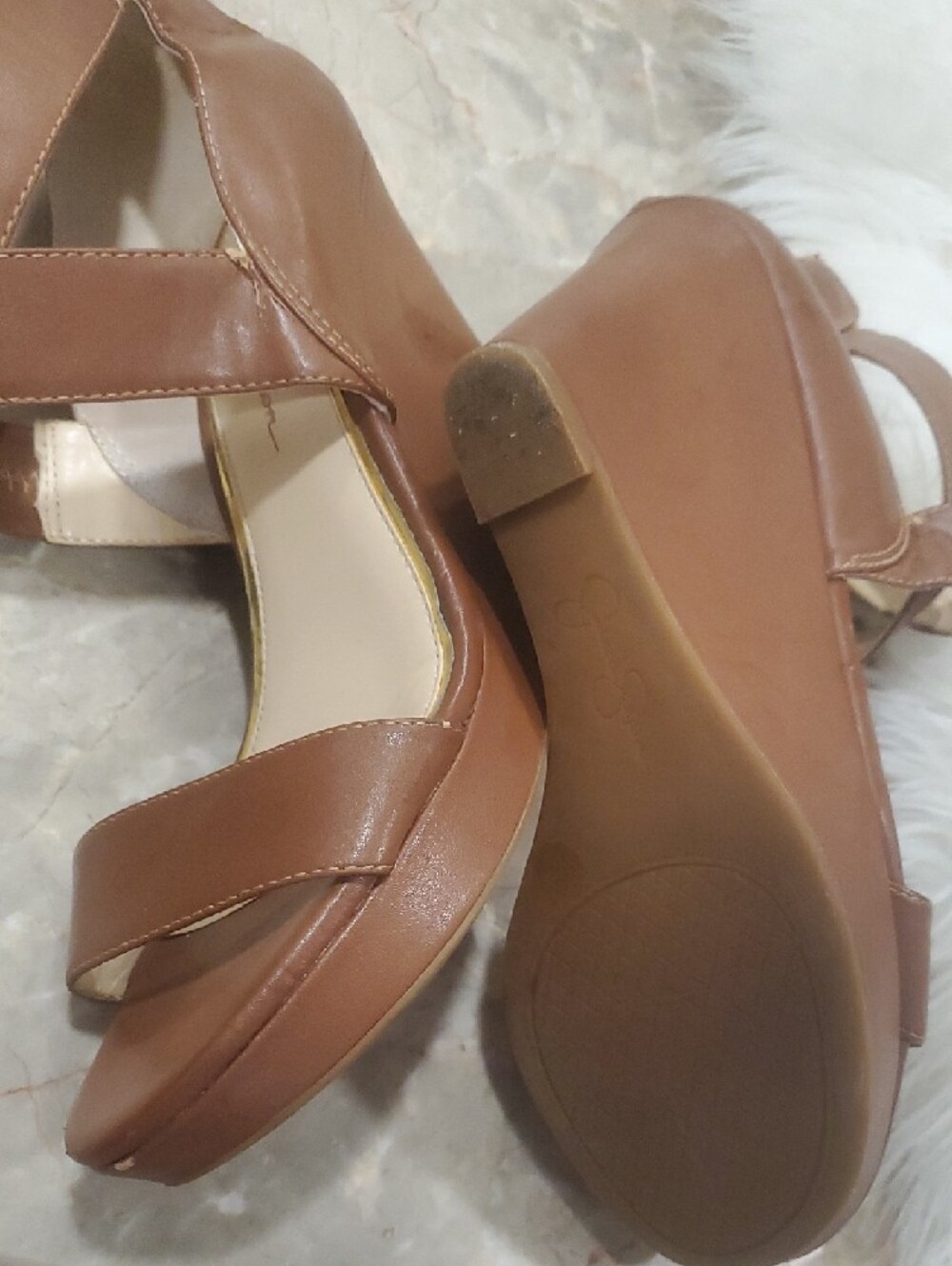 Jessica Simpson Brown Leather Crisscross Strap Wedge Heels Size 9 - Picture 9 of 15
